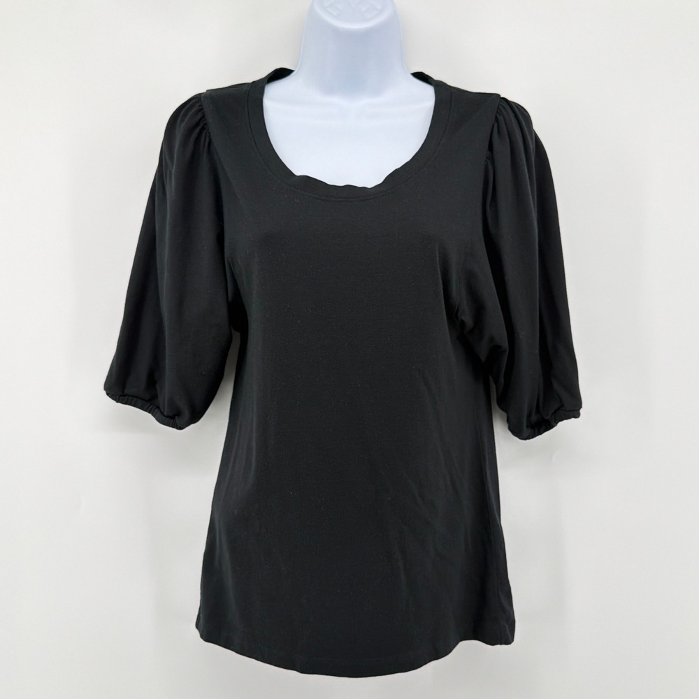Peruvian Connection Top Small S Black Pima Cotton Micromodal Puff Sleeve Scoop